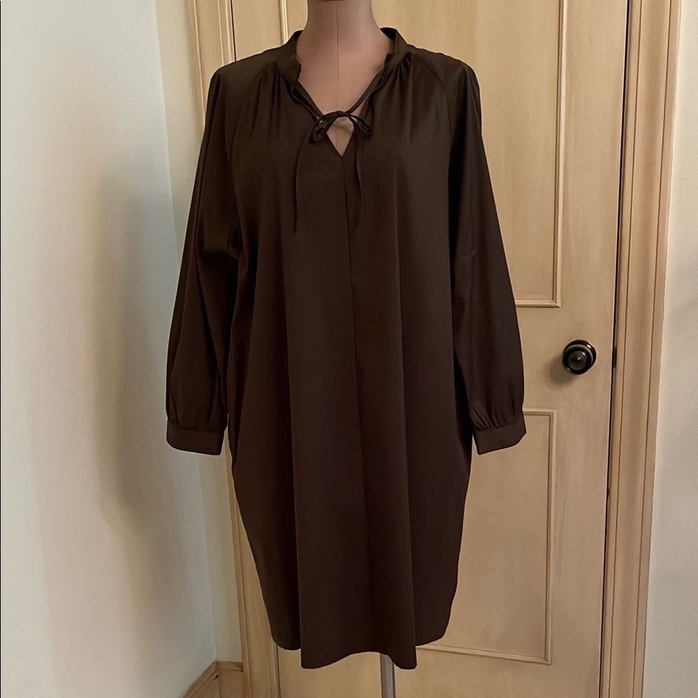 CHICO'S Minimalist Office Lagenlook Cotton Long SLV V-Neck Olive Sheath Dress XL